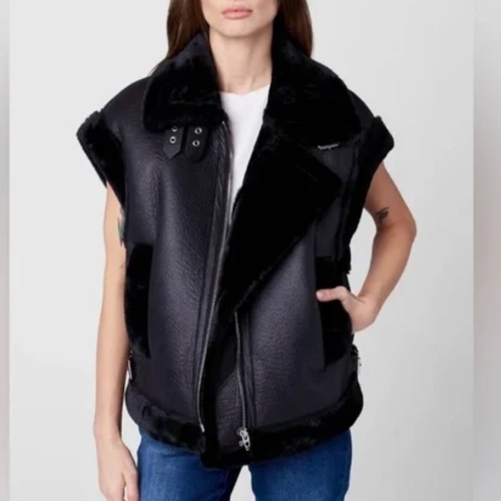 Blanknyc Black Night Watch Faux Leather & Sherpa Trimmed Waistcoat Vest Jacket